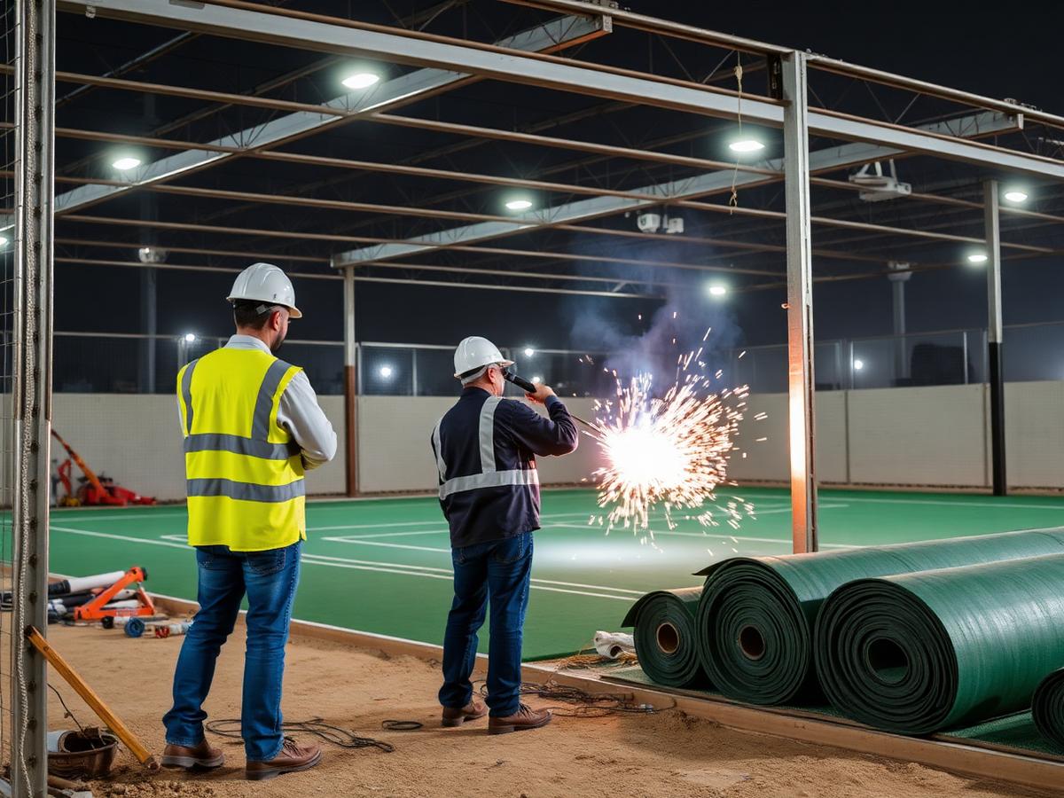 Al Mustaqbal Alsarie Sports fabrication team building a sports court steel structure