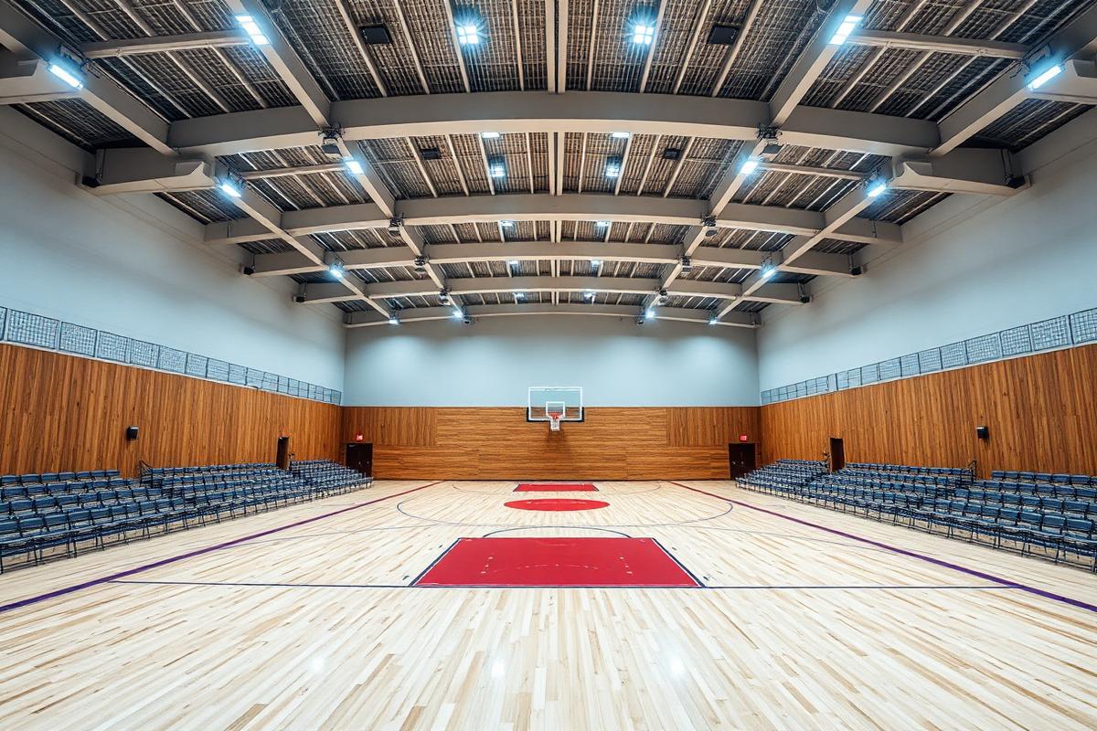Indoor basketball hall with hardwood flooring