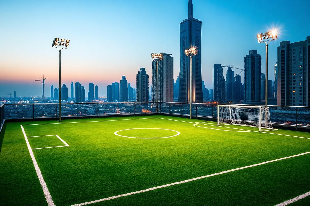 Rooftop football pitch with Dubai skyline