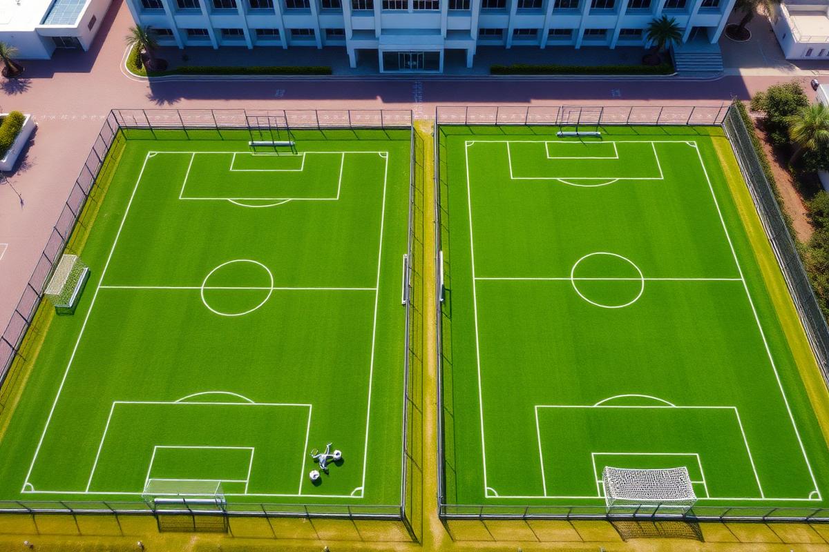 Aerial view of two artificial turf football pitches at a UAE school