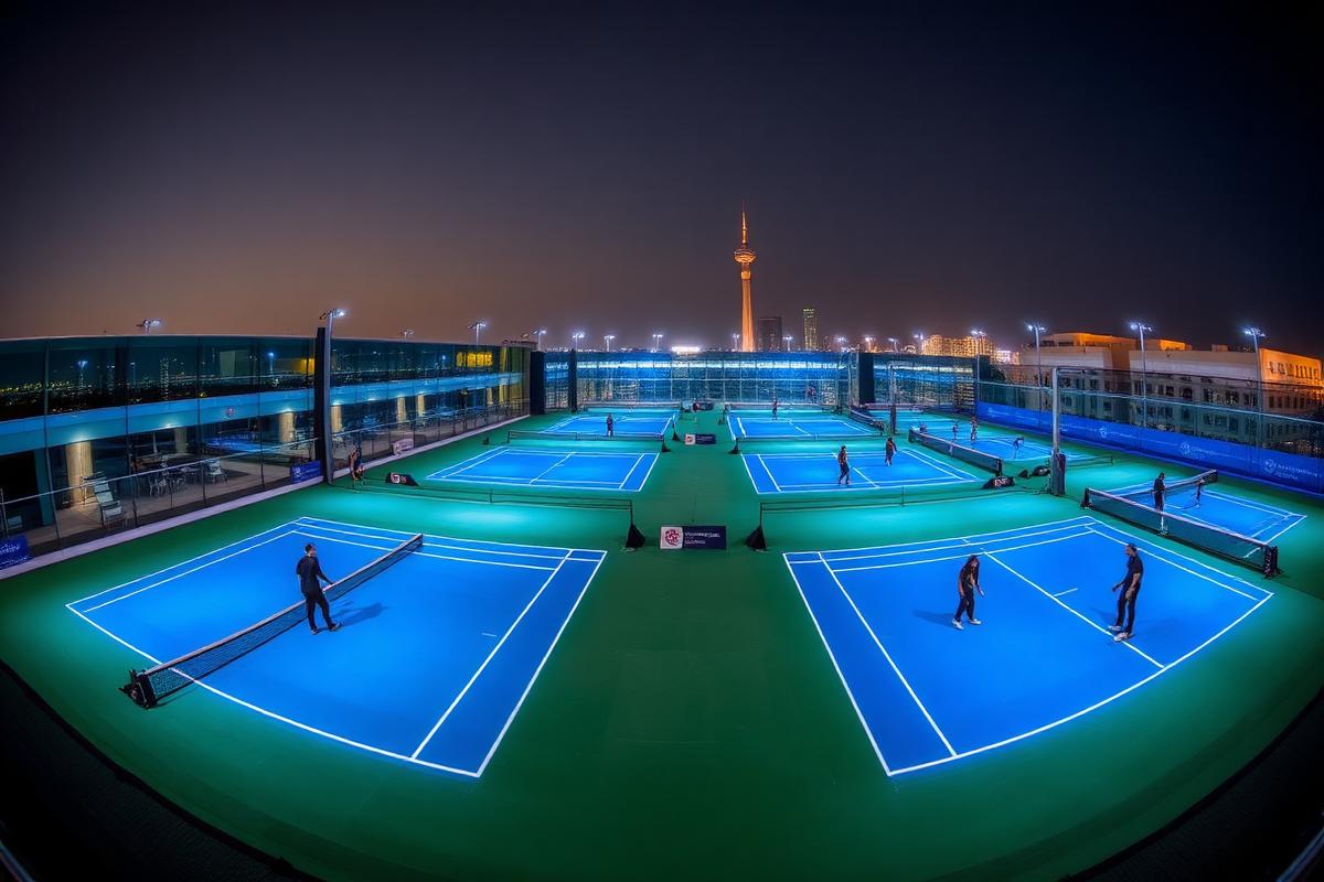 Illuminated panoramic padel courts at a commercial club in Dubai at night